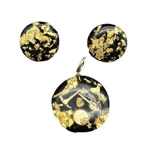 Vintage Gold Flakes Lucite Round Pendant & Earrings Retro 1960s Tools Shovel